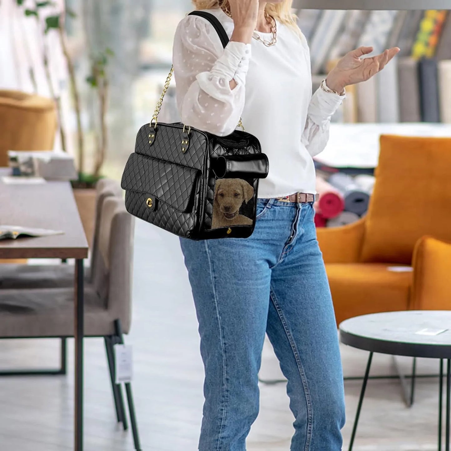 Dog Carrier Handbag with Large Pockets, Double Sided Breathable Mesh,Holds up to 8Lbs Quality PU Leather Pet Carrier, Airline Approved Puppy Carrier for Travel Black C5